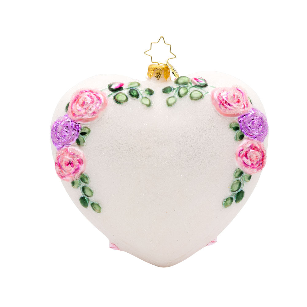 Everlasting Love ornament. Adorned with delicate satin florals and sparkling rings. Dated "2025." View of back.