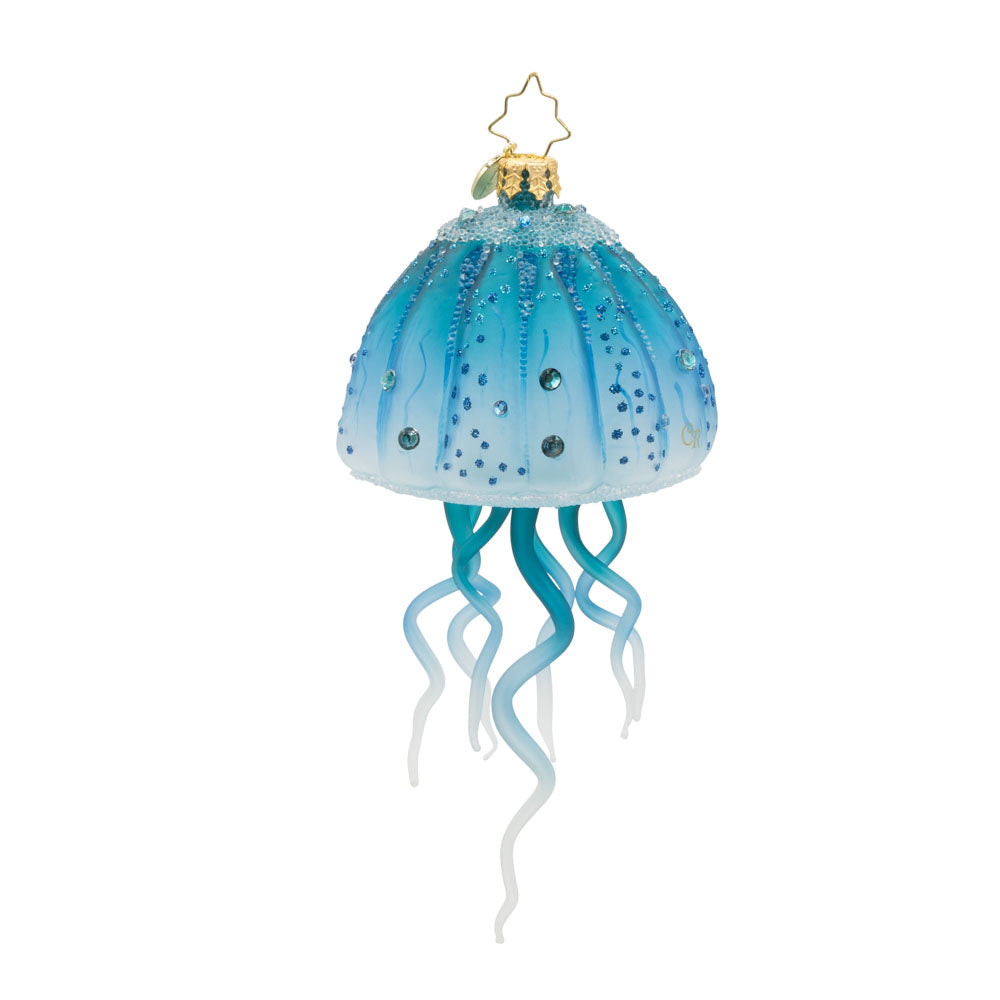 Aqua Moon Jelly Ornament. Featuring a moon jelly with an aqua translucent glow and fluttering tendrils. View of back.