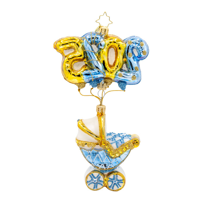 Baby Blue Cradle of Celebration ornament. Features a decorated baby blue carriage and "2025" shaped balloons. View of back.