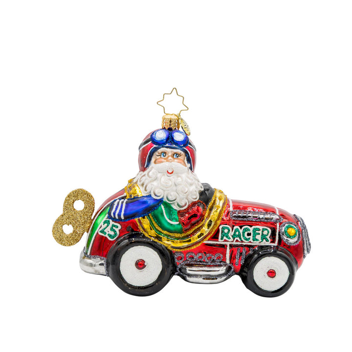 Kris Kringle Kart ornament. Santa speeds in a red racer car. View of front. 
