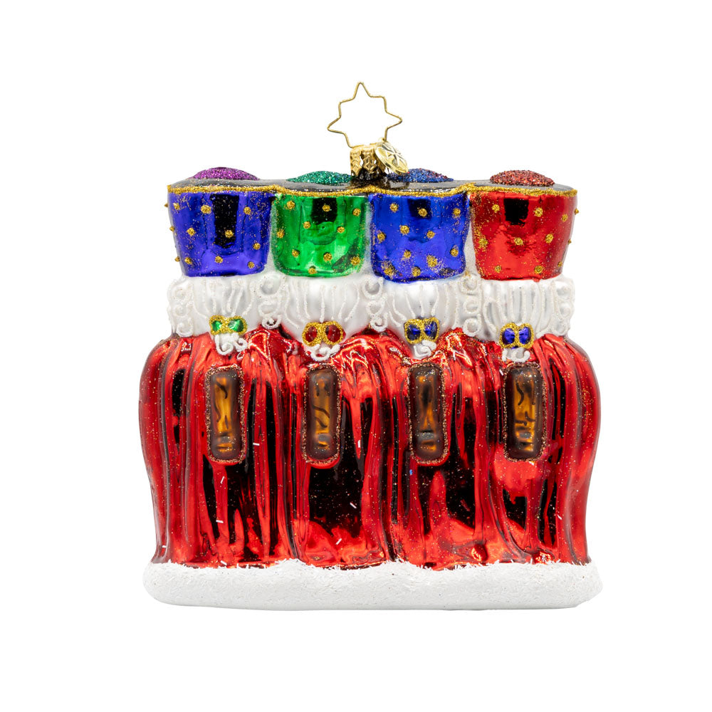 2025 Marching Guardians ornament. This ornament features a row of nutcrackers, with their shiny hats, sparkling sabers, and colorful costumes. View of back.