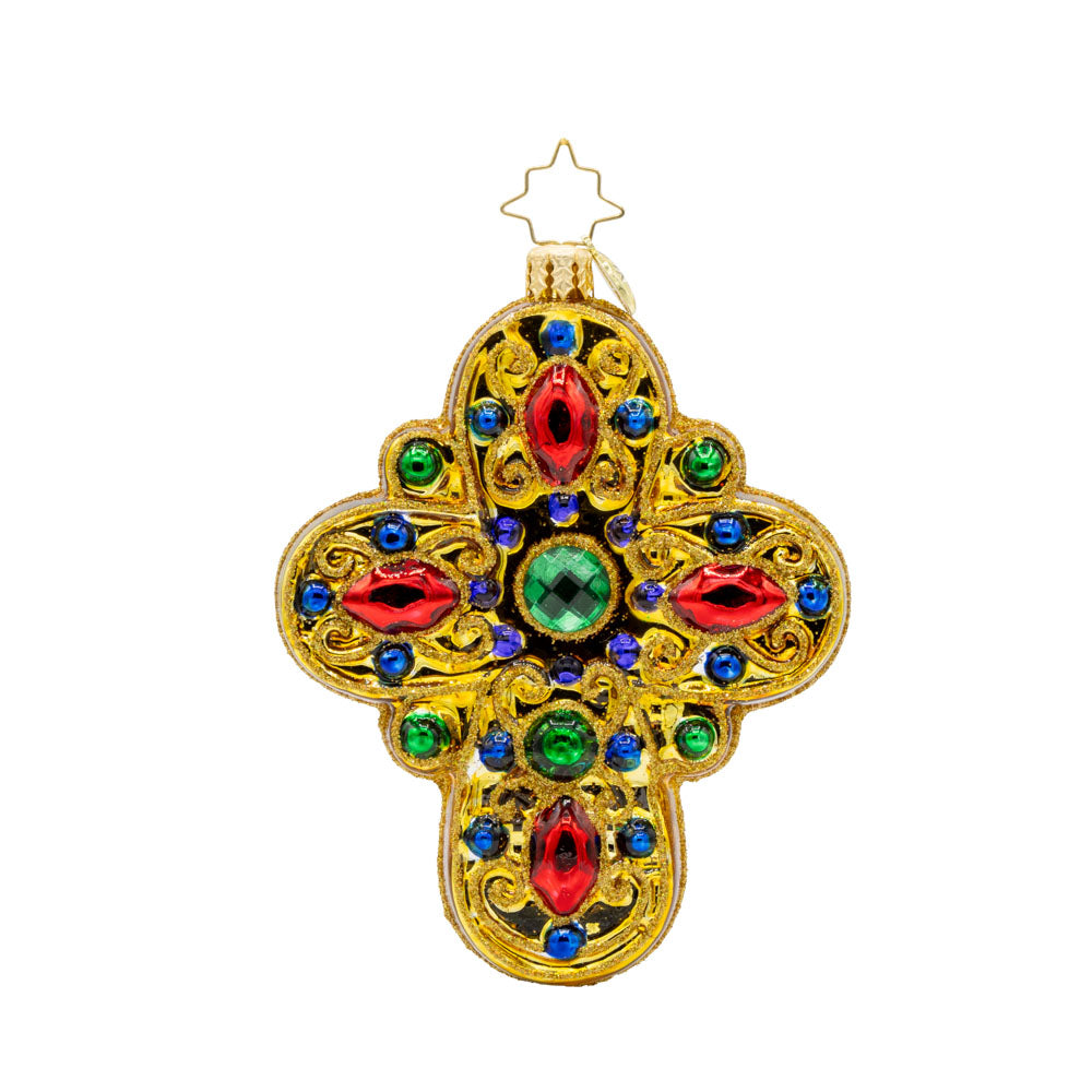 Heavenly Cross ornament. A gold cross with red, green, blue, and purple gems. View of back.