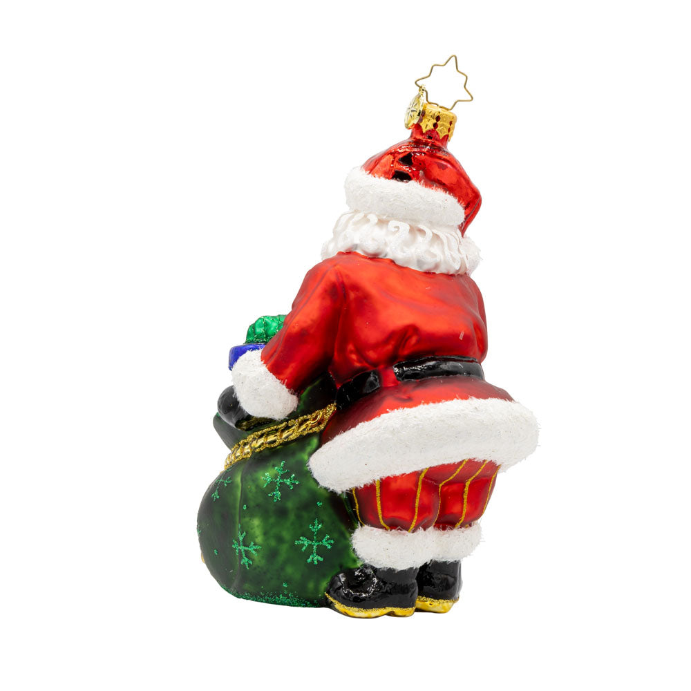 Santa's Yearly Gift Drop ornament. Santa holds an overflowing gift bag dated "2025." View of back.