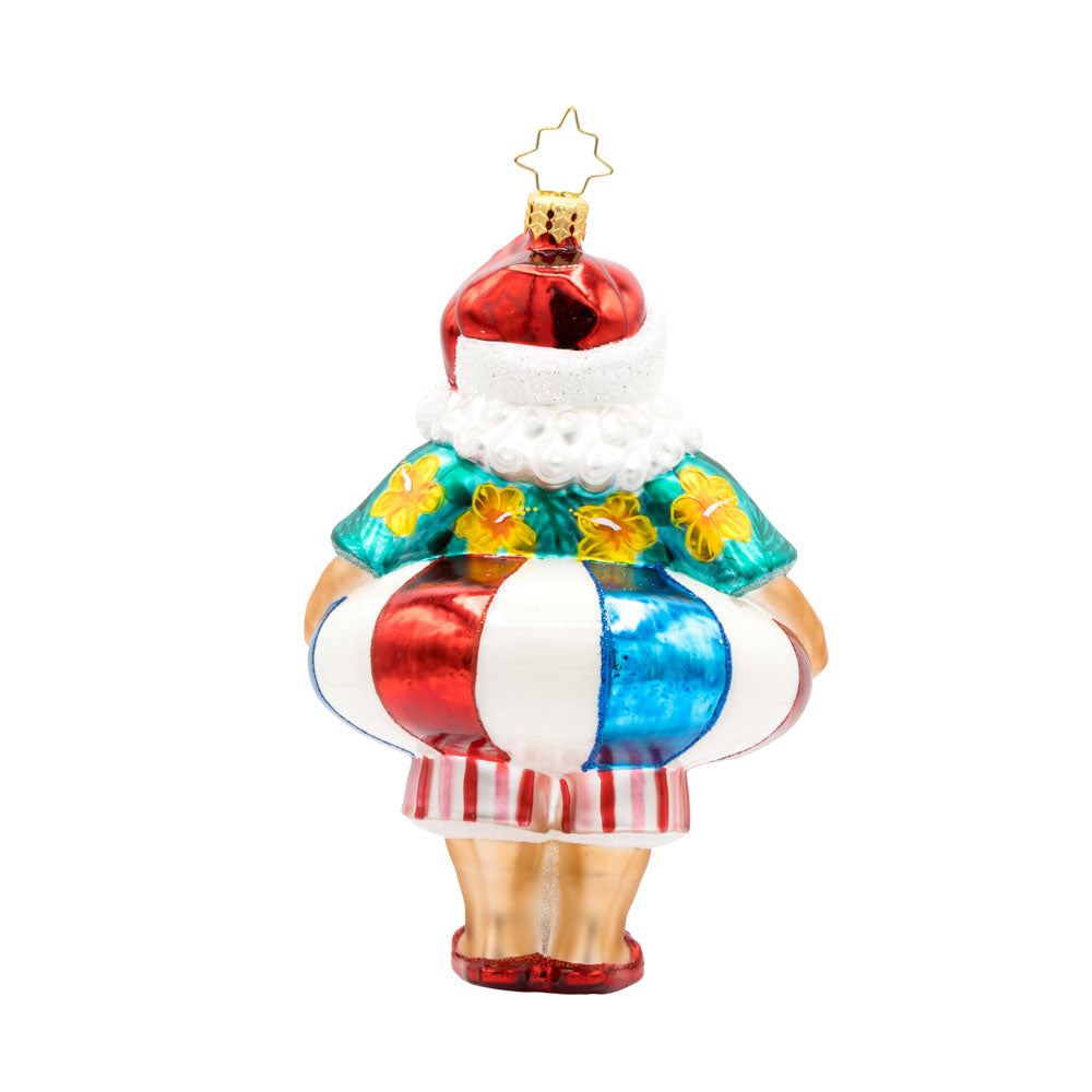 Sun-Kissed Klaus ornament. He's sporting a pair of shades, a tropical shirt, and a giant inflatable tube. View of back.