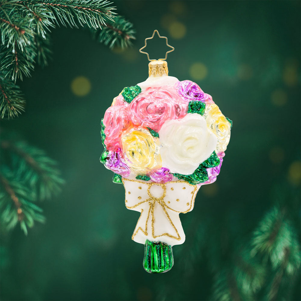 Bridal Blooms ornament. Pink and yellow flower bouquet wrapped with a white ribbon. View of front.