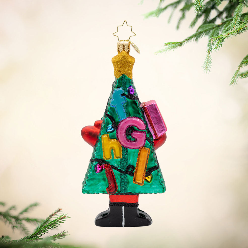 Merry ABCmas ornament. From the beloved book Chicka Chicka Boom Boom. Featuring a colorful Christmas tree adorned with letters. View of front. 