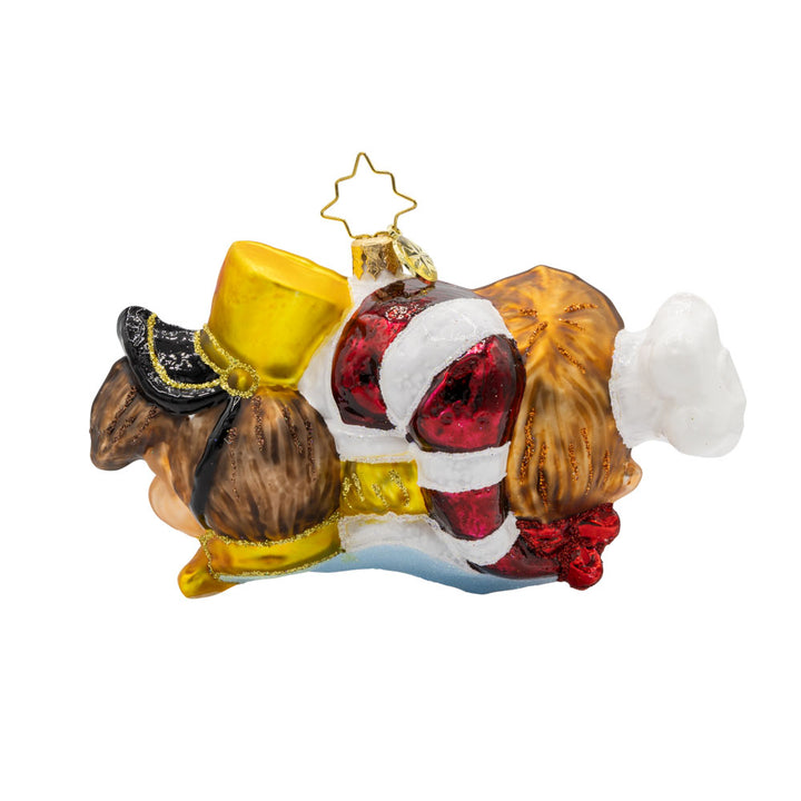 The Breakfast Buddies ornament. Showcasing the Rice Krispies mascots in their classic attire: Snap with his red cap, Crackle with his yellow hat, and Pop with his blue hat. View of back.