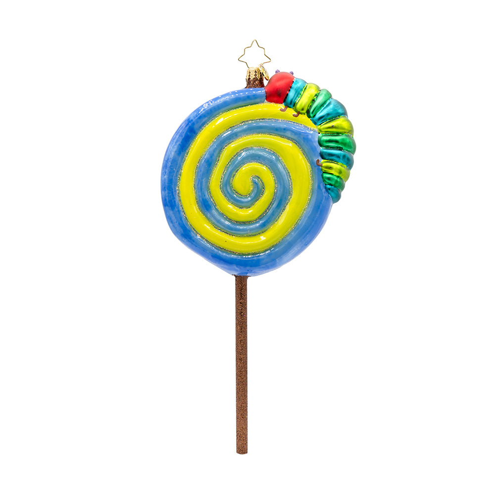 Lollipop Caterpillar ornament. Features a colorful caterpillar perched atop a shimmering lollipop. View of back.