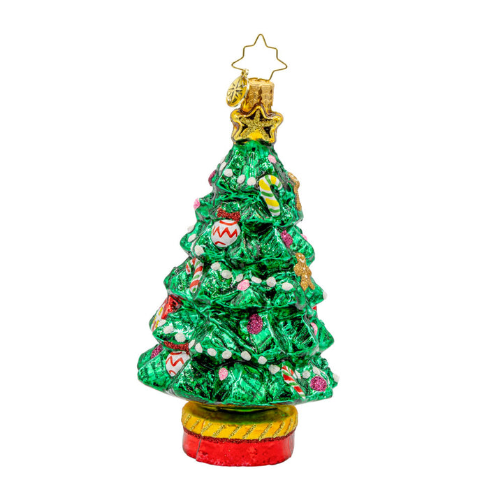 Hello Kitty's Christmas Cheer ornament. Hello Kitty is bundled up in red and pink in front of a decorated Christmas Tree. View of back.