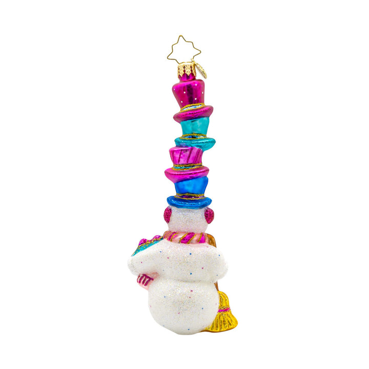 Hat-Tastic Snowman 2025 ornament. Featuring a snowman wearing a stack of hats with "2025" written on them. View of back.