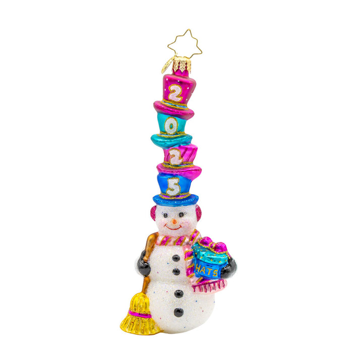 Hat-Tastic Snowman 2025 ornament. Featuring a snowman wearing a stack of hats with "2025" written on them. View of front. 