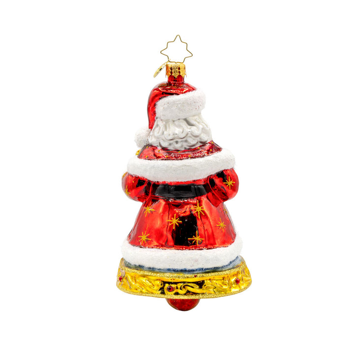 Jingle All The Claus ornament. The bottom of Santa's body creates a bell. The hand-painted scene on his coat features a snowy village and a twinkling Christmas tree. View of back.