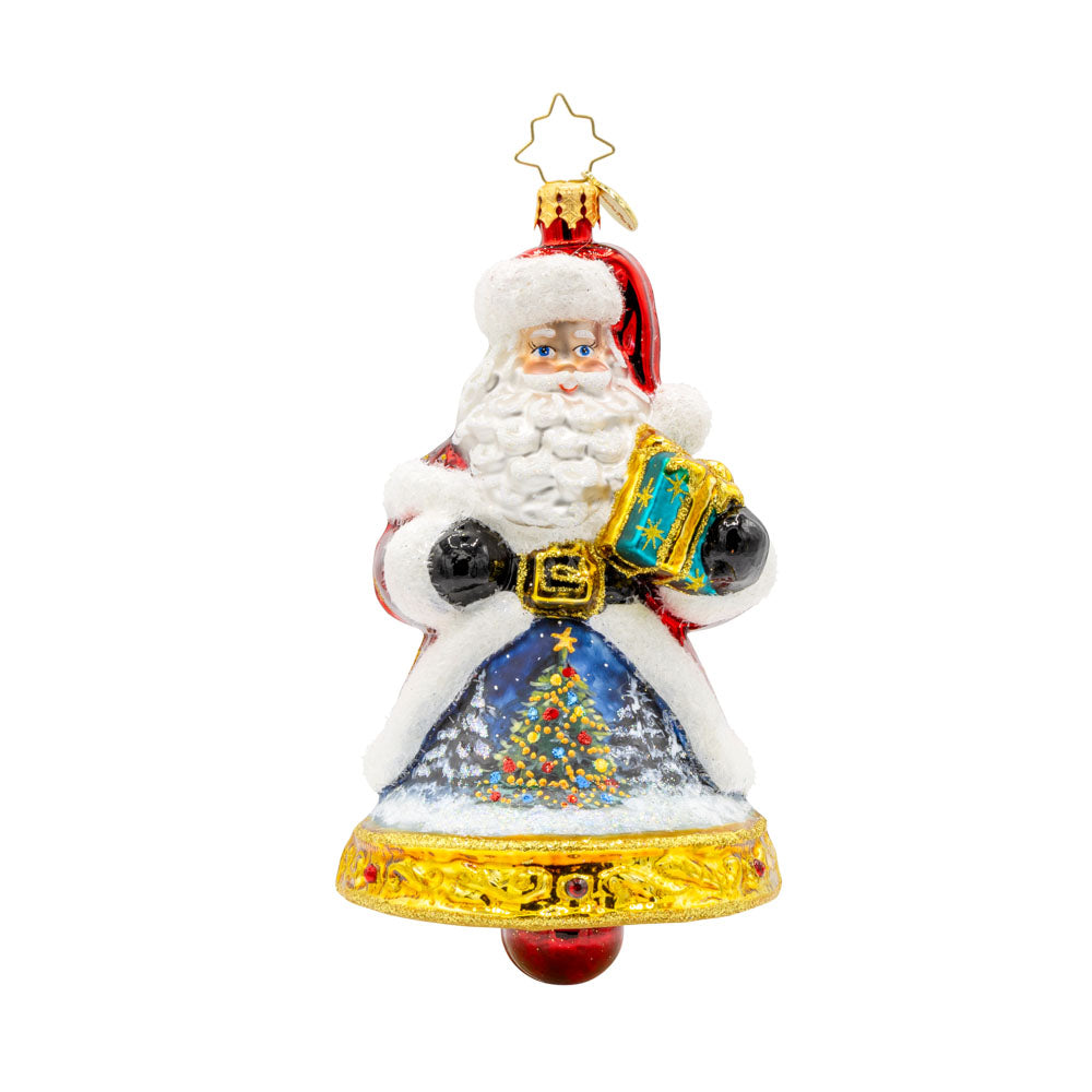 Jingle All The Claus ornament. The bottom of Santa's body creates a bell. The hand-painted scene on his coat features a snowy village and a twinkling Christmas tree. View of front. 