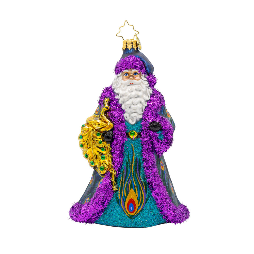 Peacock Splendor ornament. Santa is draped in a luxurious, peacock-feather-inspired coat and holding an ornate peacock staff. View of front.