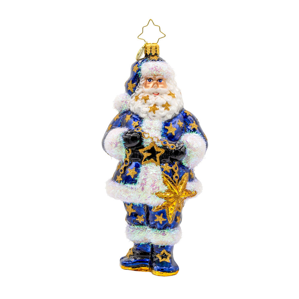 Starry Suit St. Nick ornament. Santa is donned in a blue suit all decked out in stars. View of front. 