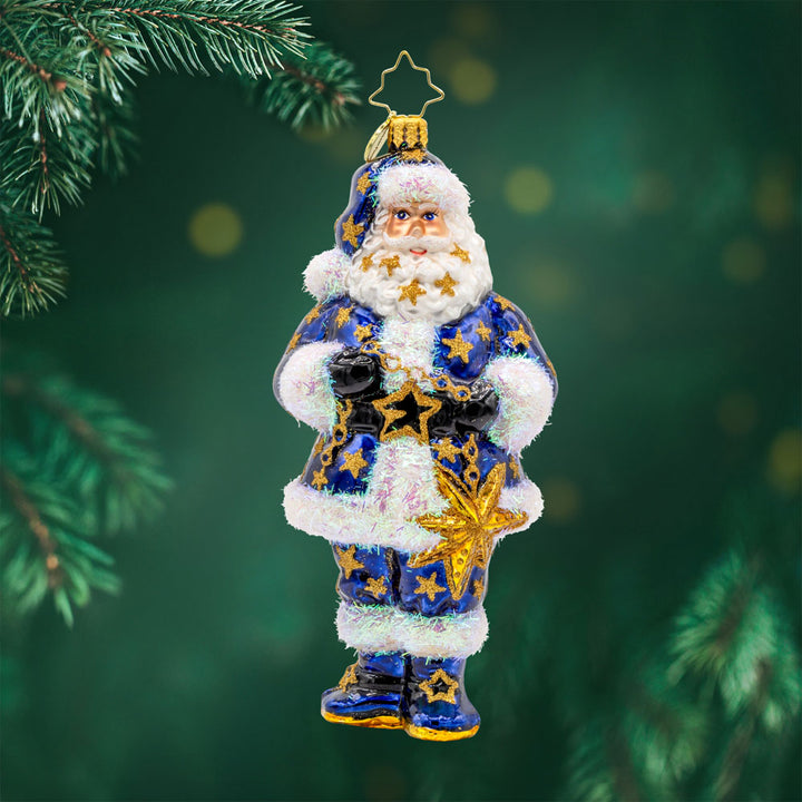 Starry Suit St. Nick ornament. Santa is donned in a blue suit all decked out in stars. View of front. 