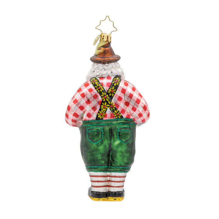 Jolly Ale Santa ornament. Santa is dressed in a festive Bavarian outfit holding multiple beer steins. View of back.