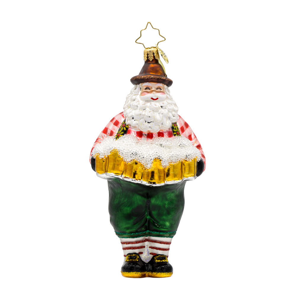 Jolly Ale Santa ornament. Santa is dressed in a festive Bavarian outfit holding multiple beer steins. View of front. 