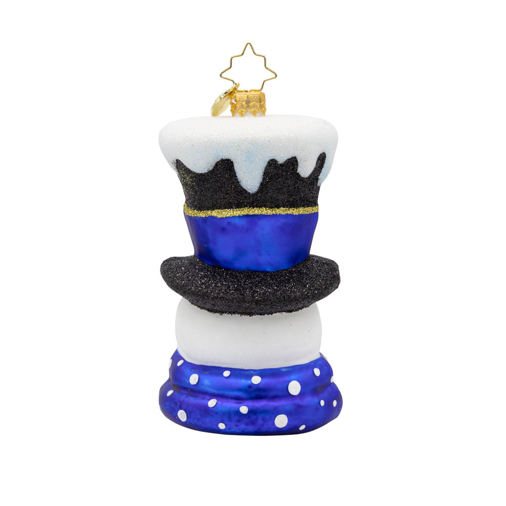 Cheery Chiller ornament. This snowman wears a blue scarf and top hat dated "2025" as he smokes his pipe. View of back.