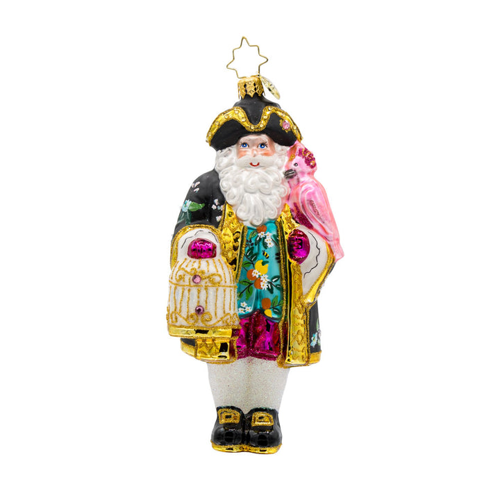 Chirp n Claus' ornament. Complete with a parrot and a gilded cage. Santa is dressed in a stylish black coat and hat. View of front.  