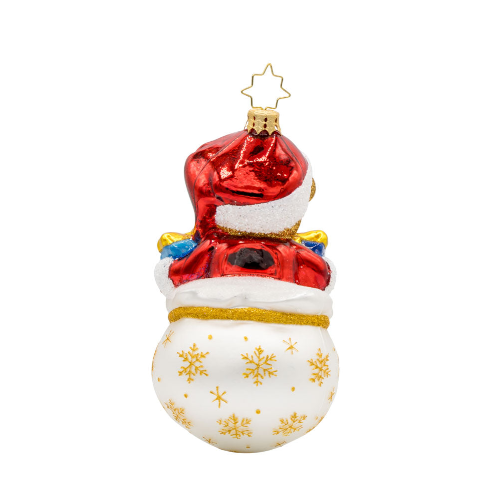 Teddy Bear of Hope ornament. A teddy bear sits in a white gift sack with presents. The Diabetes awareness ribbon is on the front of the gift sack. View of back.