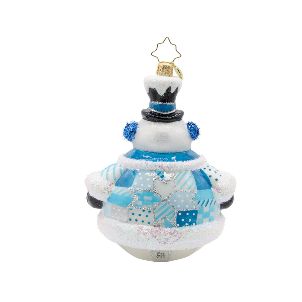 Quilted Jolly Snowman ornament. Bundled up in a quilted jacket, with glittery earmuffs and a charming frosty face. View of back.