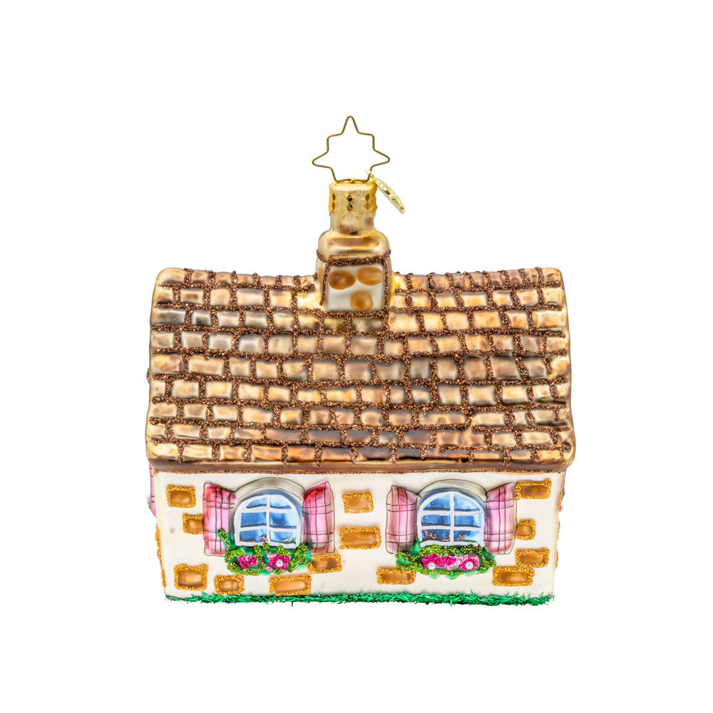 Floral Cottage Charm. Adorable cottage ornament bursting with colorful flowers. View of back.