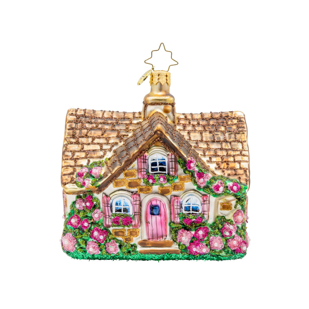 Floral Cottage Charm. Adorable cottage ornament bursting with colorful flowers. View of front. 