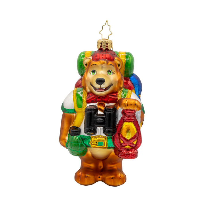 Wilderness Wanderer Bear ornament. This bear has all the camping gear you need. He sports a backpack, lantern, binoculars, plus more! View of front. 