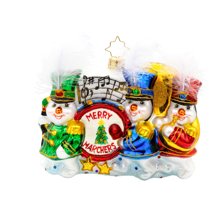 Musical March ornament. Our trio of cheerful snowmen donned in marching band outfits and instruments are ready to serenade you with festive tunes. View of front. 