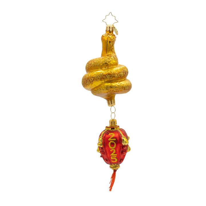 2025 Year of the Snake ornament. A red lantern dangles from a coiled gold snake, adorned with shimmering red accents View of back.