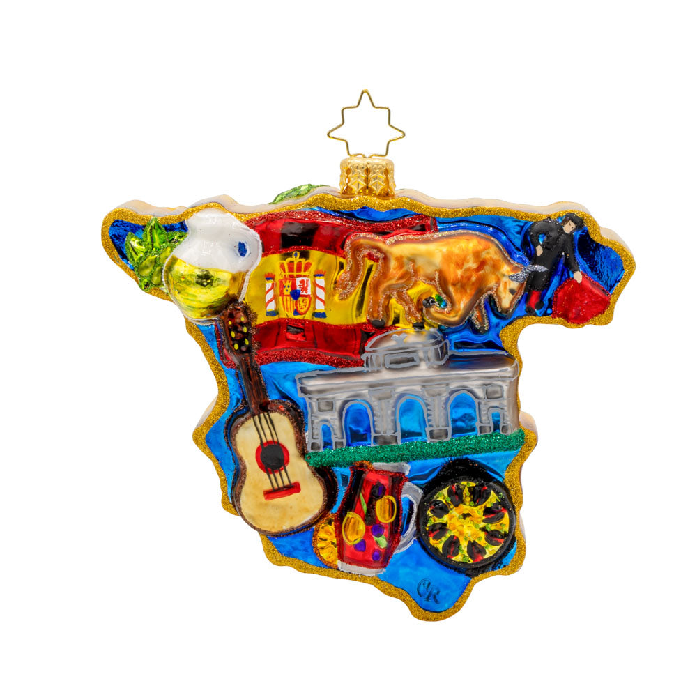 España Elegance ornament. This ornament captures the essence of Spain, featuring iconic landmarks and cultural elements. View of back.