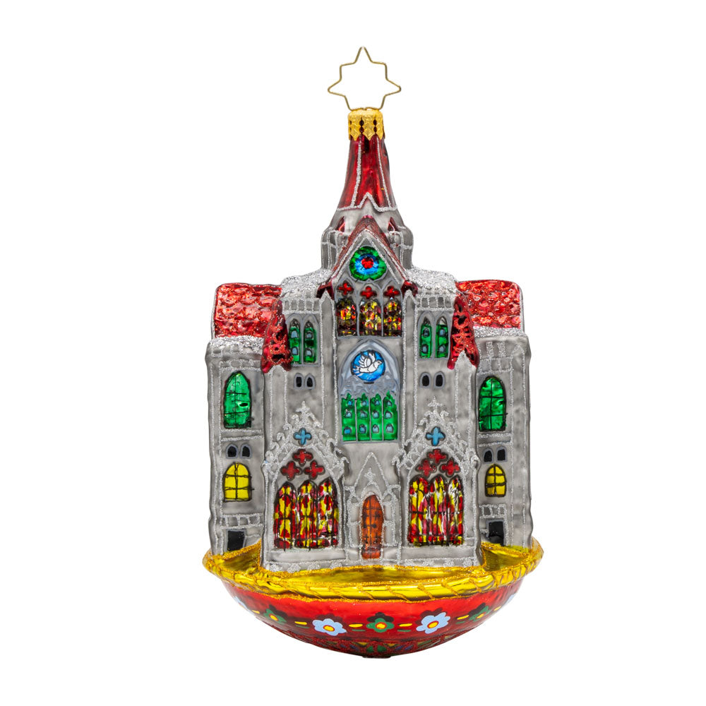 Celestial Cathedral ornament. This intricate piece showcases the marvel of this form of architecture. View of front. 