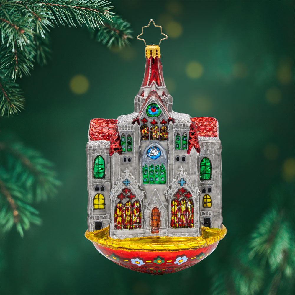 Celestial Cathedral ornament. This intricate piece showcases the marvel of this form of architecture. View of front. 