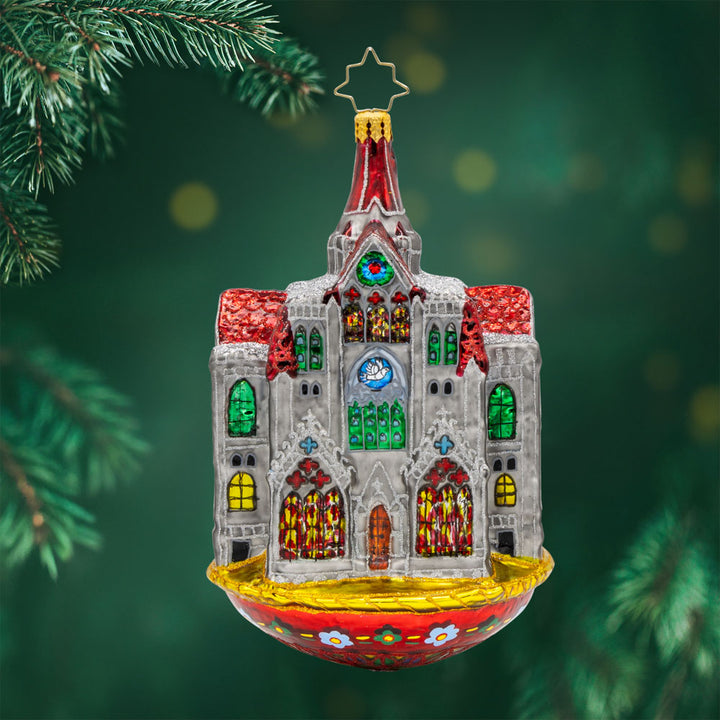 Celestial Cathedral ornament. This intricate piece showcases the marvel of this form of architecture. View of front. 
