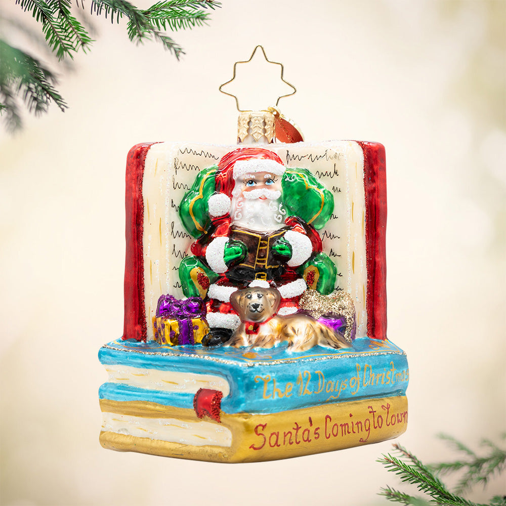 Santa's Book Nook Gem. Ornament of Santa sitting on a big blue and gold book with the phrases "The 12 Days of Christmas" and "Santa's Coming to Town" and reading a book to a brown dog while surrounded by a big open red book. View of front