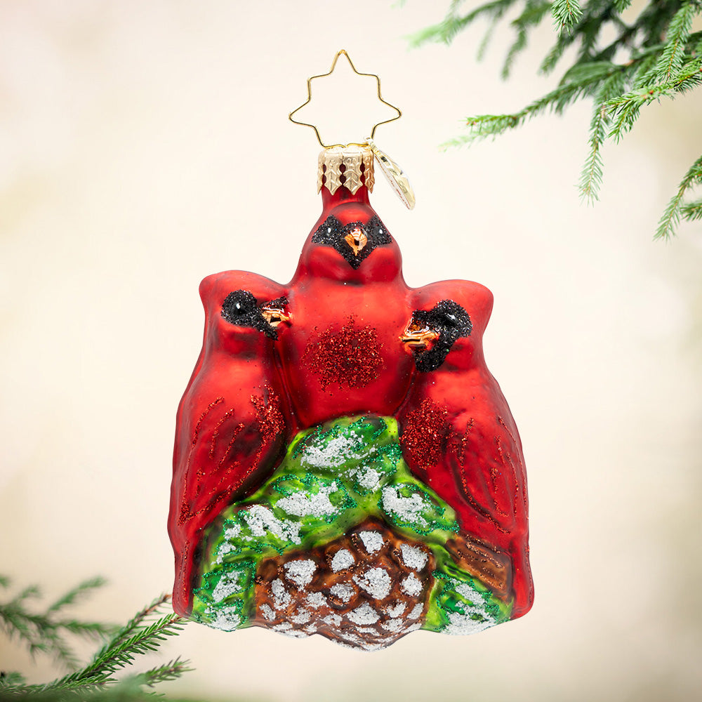 Cardinal Garden Greetings Gem. Ornament of three red cardinals on top of a green blooming magnolia. View of front