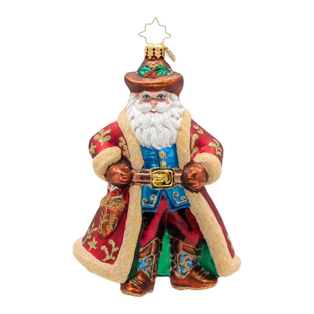 Decorative figure of a Santa in a colorful outfit with a brown cowboy hat on a white background