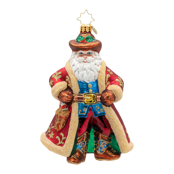 Decorative figure of a Santa in a colorful outfit with a brown cowboy hat on a white background