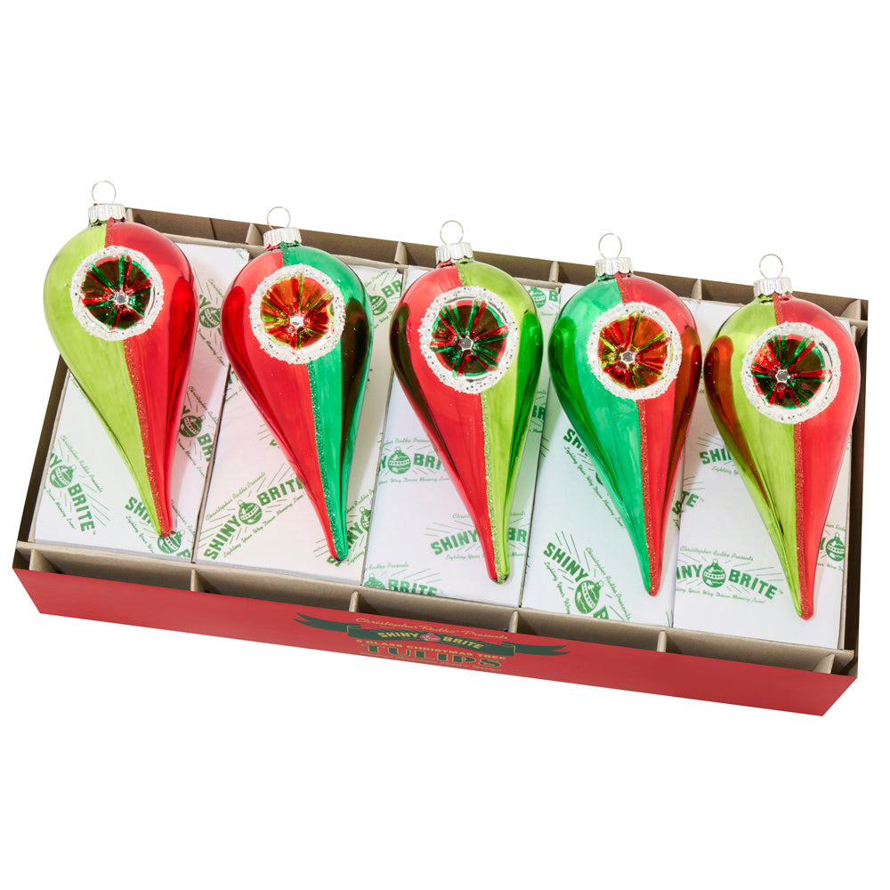 5 count Shiny Brite reflector tulip ornament set in classic red and green.