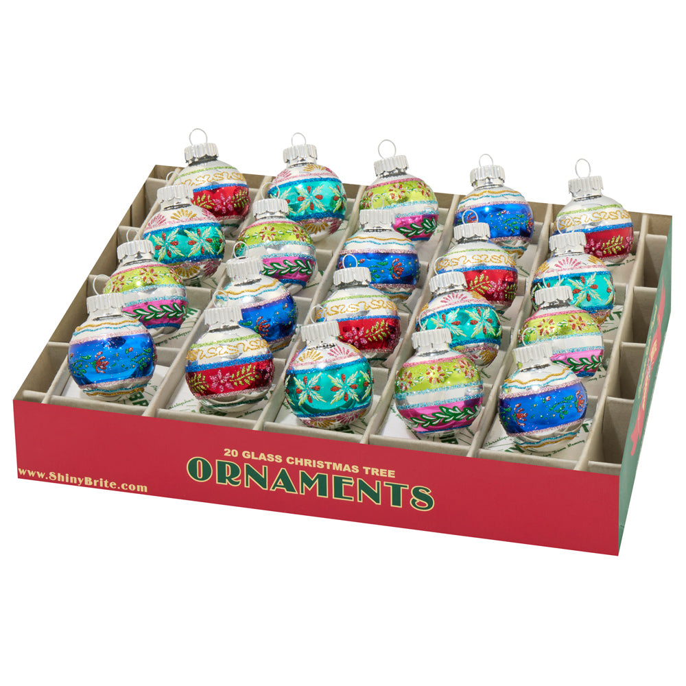 20 count Shiny Brite ornament set. These decorated rounds feature bright, intricate designs.
