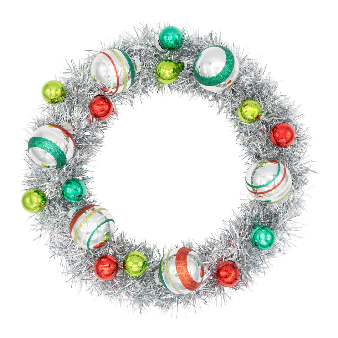 HOLIDAY SPLENDOR SILVER TINSEL WREATH WITH 1" AND 1.75" ROUNDS. Silver tinsel wreath with small ornaments in colors of red, green and teal, along with bigger silver ornaments with same-colored stripes as smaller ornaments