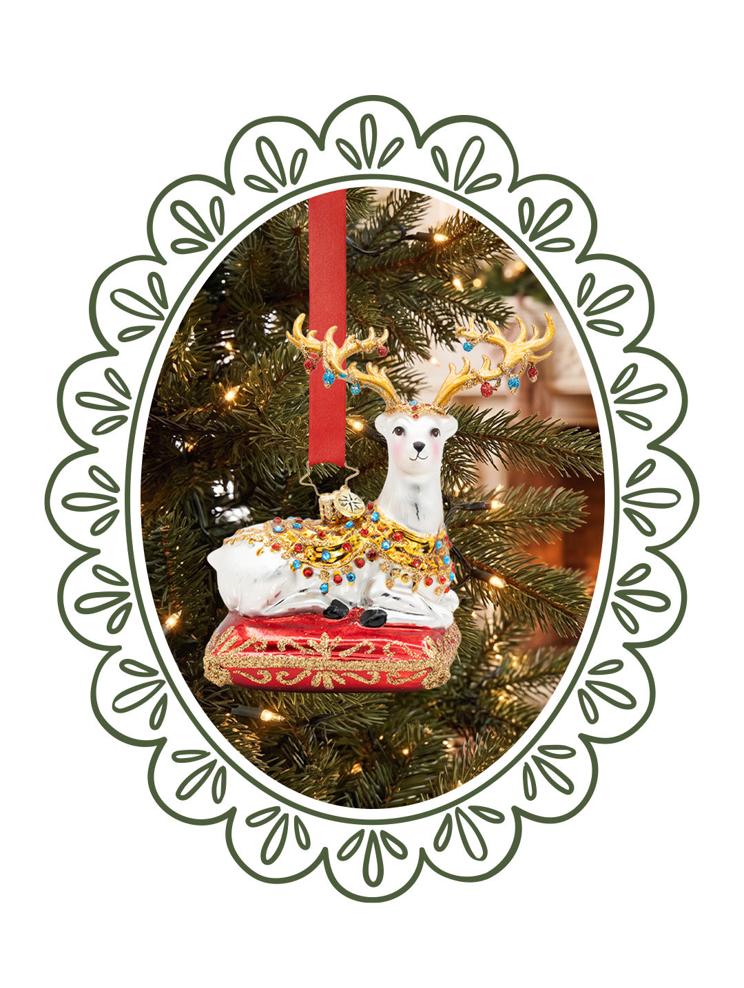 Elegant glass deer ornament hanging on a Christmas tree inside a green floral scalloped frame with text "Animal Ornaments".