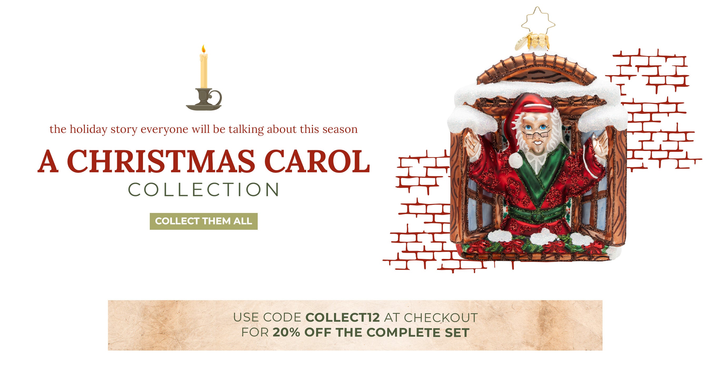 Ornament of the Month Banner featuring a glass ornament with Scrooge opening the window from A Christmas Carol scene. 