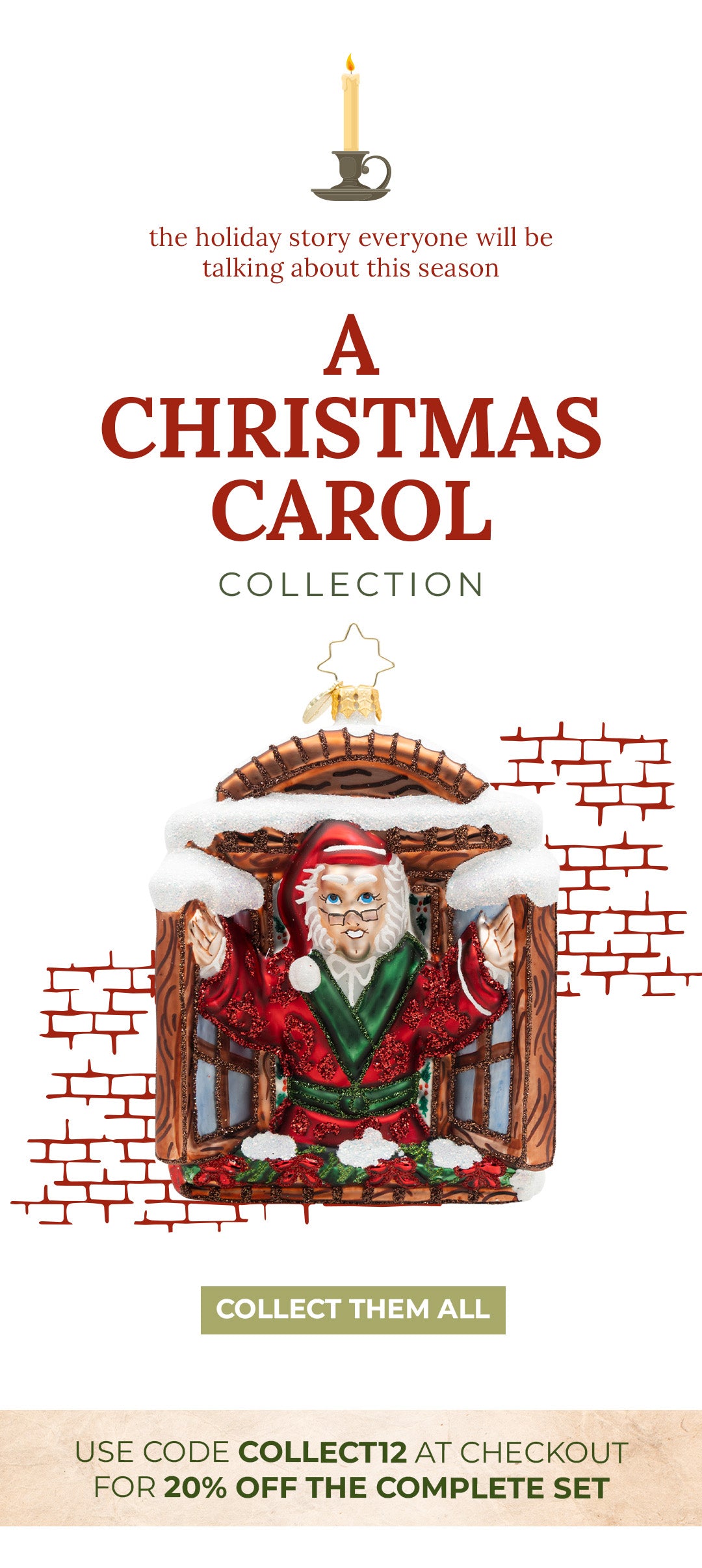 Ornament of the Month Banner featuring a glass ornament with Scrooge opening the window from A Christmas Carol scene. 
