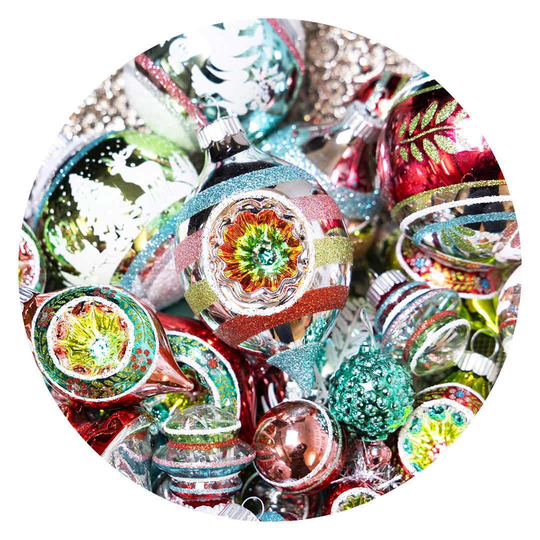 Festive fete Shiny Brite ornaments 