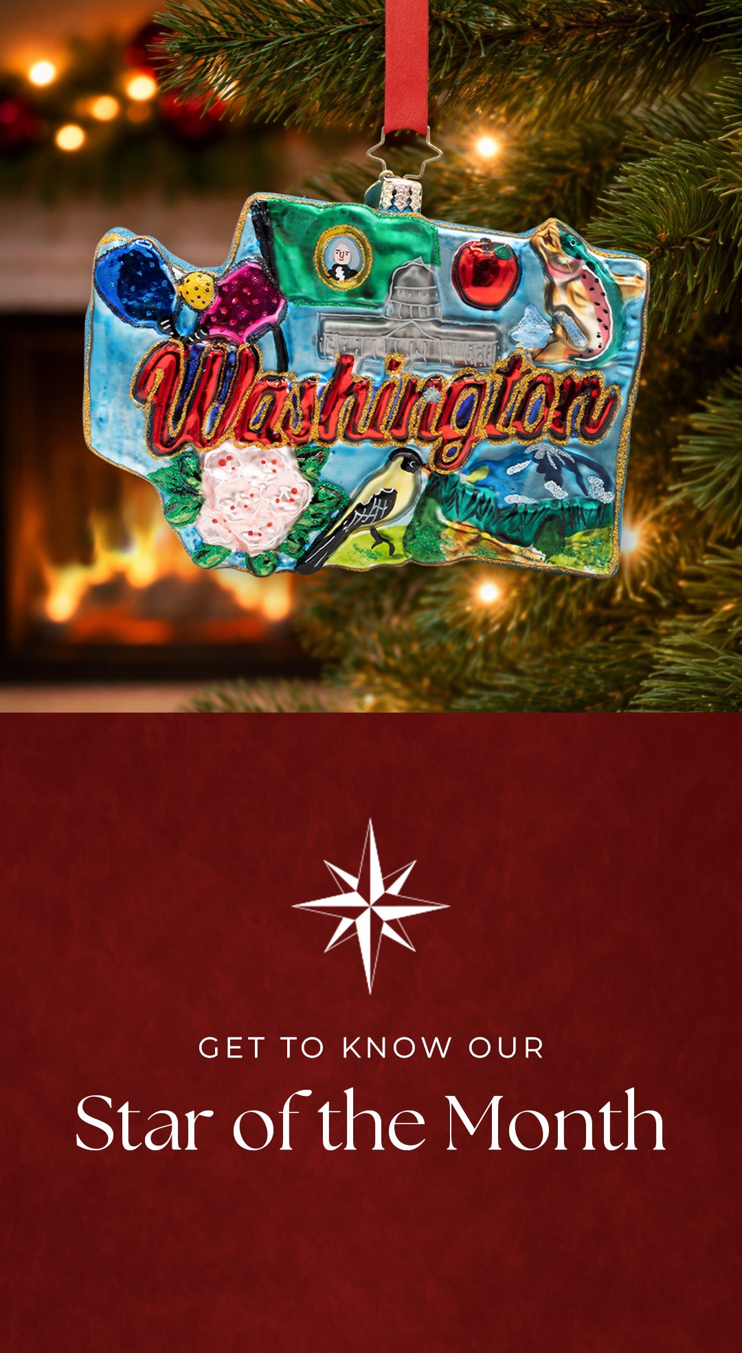 Promotional banner for "Star of the Month" featuring a Washington state-shaped glass Christmas ornament with state icons hanging on a lighted tree against a deep red background.