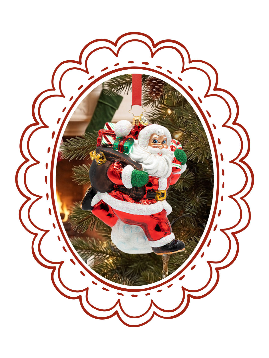 Glass Santa Claus ornament hanging on a Christmas tree inside a red scalloped frame with text "Santa Ornaments".