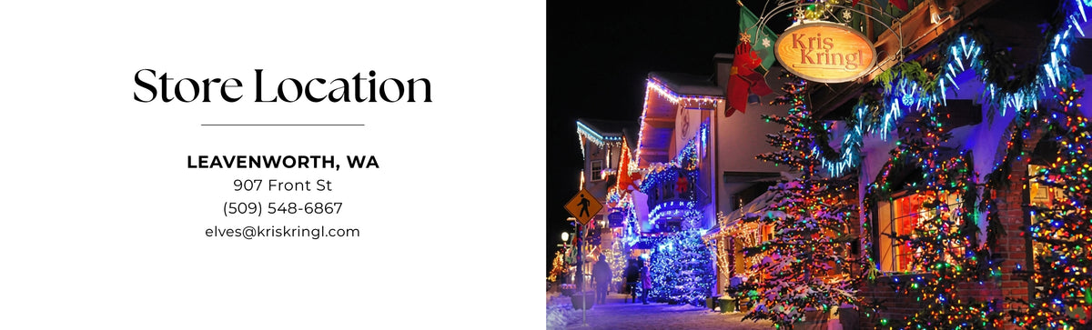 Store location graphic listing Kris Kringl at 907 Front St, Leavenworth, WA, phone number (509) 548-6867, and email elves@kriskringl.com alongside a night photo of festive streetlights and decorated Christmas trees outside the store.