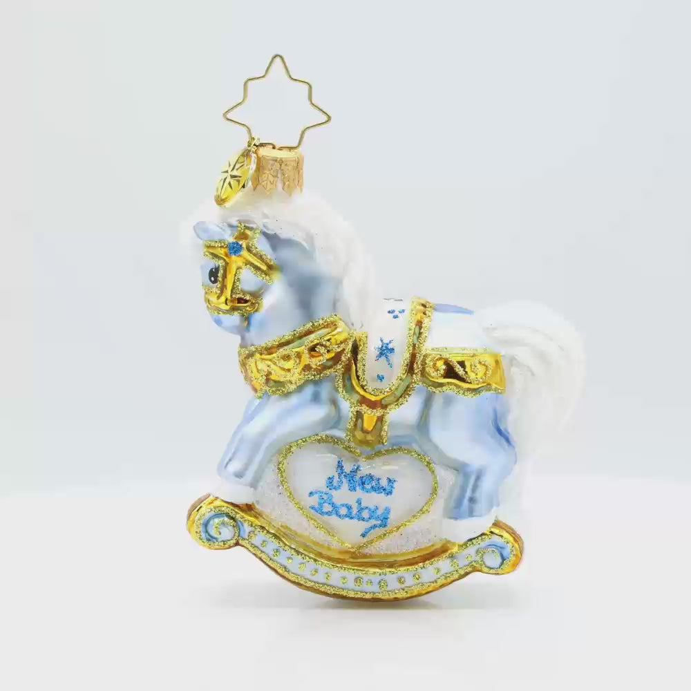 Baby's First Christmas Foal Gem ornament. A powder blue rocking horse with "New Baby" written on the side. Video.